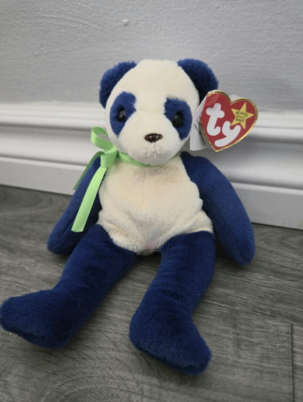 Ty Blue and Cream Panda Plush with Green Ribbon "Domino"